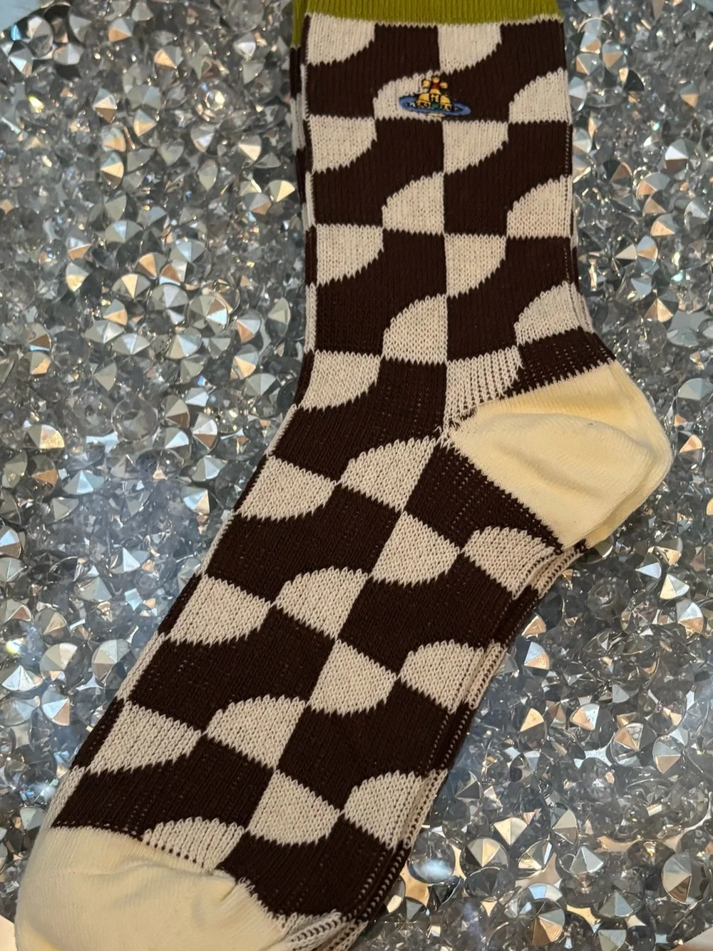 Vivienne Westwood Orb Checkerboard Crew Socks | Brown & Cream | One Size | Rare